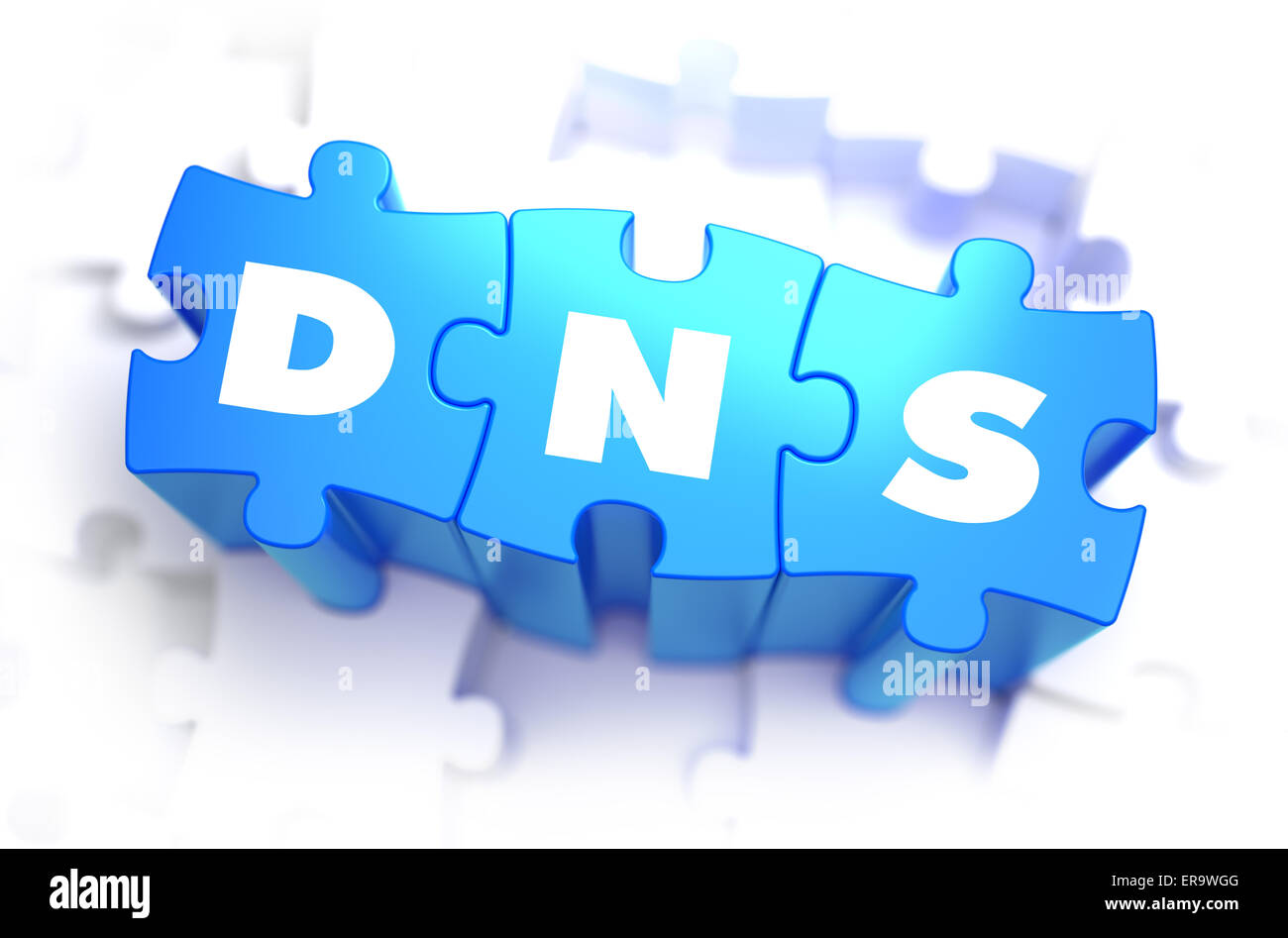 DNS - Domain Namenssystem - weiße Wort auf blauen Rätsel auf weißem Hintergrund. 3D Illustration. Stockfoto