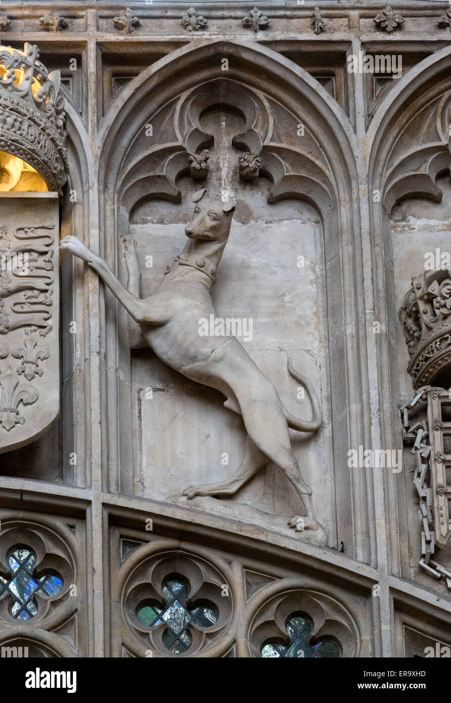 Großbritannien, England, Cambridge.  Kings College Chapel, Greyhound, Symbol der Familie von Margaret Beaufort, Mutter von Heinrich VII. Stockfoto