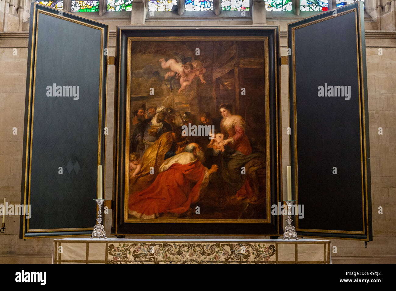 Großbritannien, England, Cambridge.  Kings College Chapel, die Anbetung der Könige, von Rubens, 1634. Stockfoto