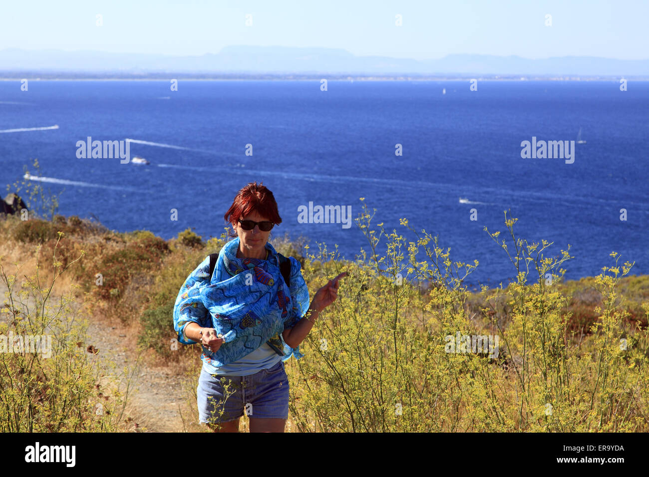 Wanderweg auf dem Gebirgskamm, in der Nähe von Cape Bear Leuchtturm. Cap Bear Trail, Trail Küste, Küstenwache Pfad, Frankreich Stockfoto