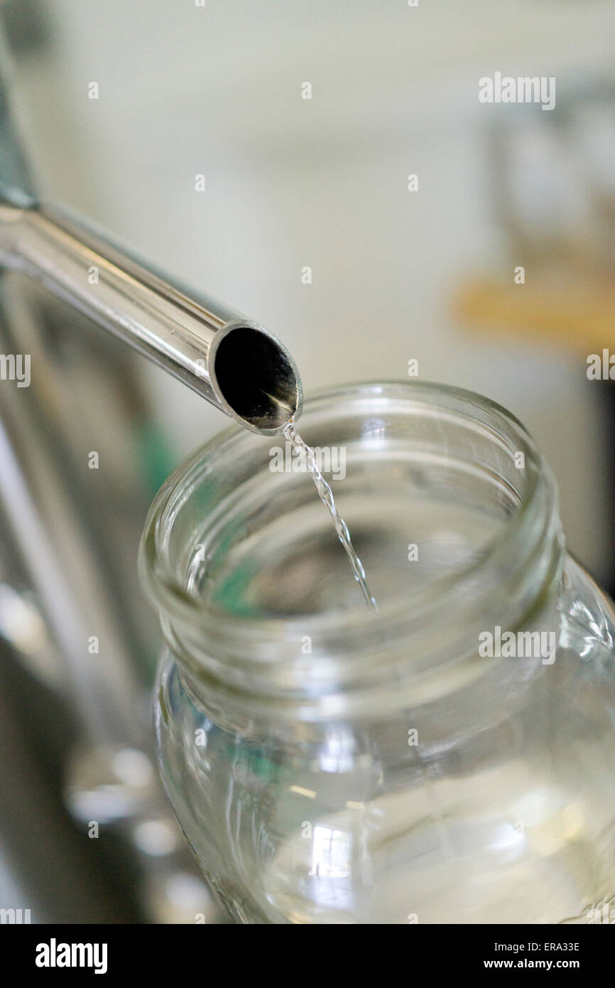 Alkohol in Test Glas bei handwerklichen Brennerei gießen. Vertikale Farbfoto zur Destillation von Key West, Key West, Florida, USA Stockfoto