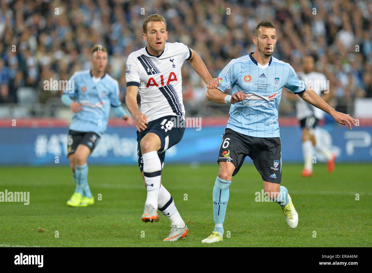 Sydney, Australien. 30. Mai 2015. Tottenham Hotspurs Nachsaison Tour Fußball freundlich. Sydney FC gegen Tottenham Hotspur FC. Sporen vorwärts Harry Kane ruft in seinem Kreuz. Spurs gewann das Spiel mit 1: 0. Bildnachweis: Aktion Plus Sport/Alamy Live-Nachrichten Stockfoto