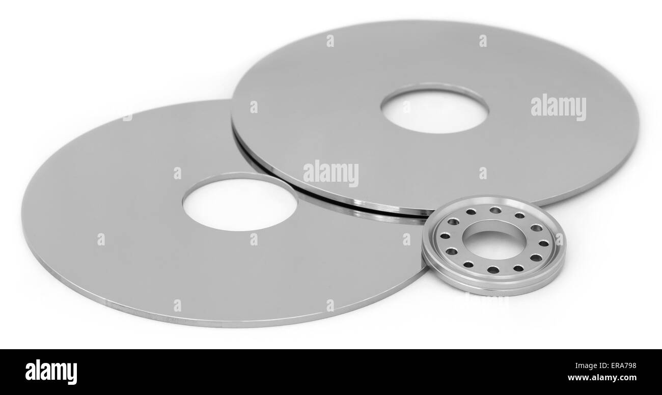 Geöffnete Festplatte auf weißem Hintergrund Stockfoto