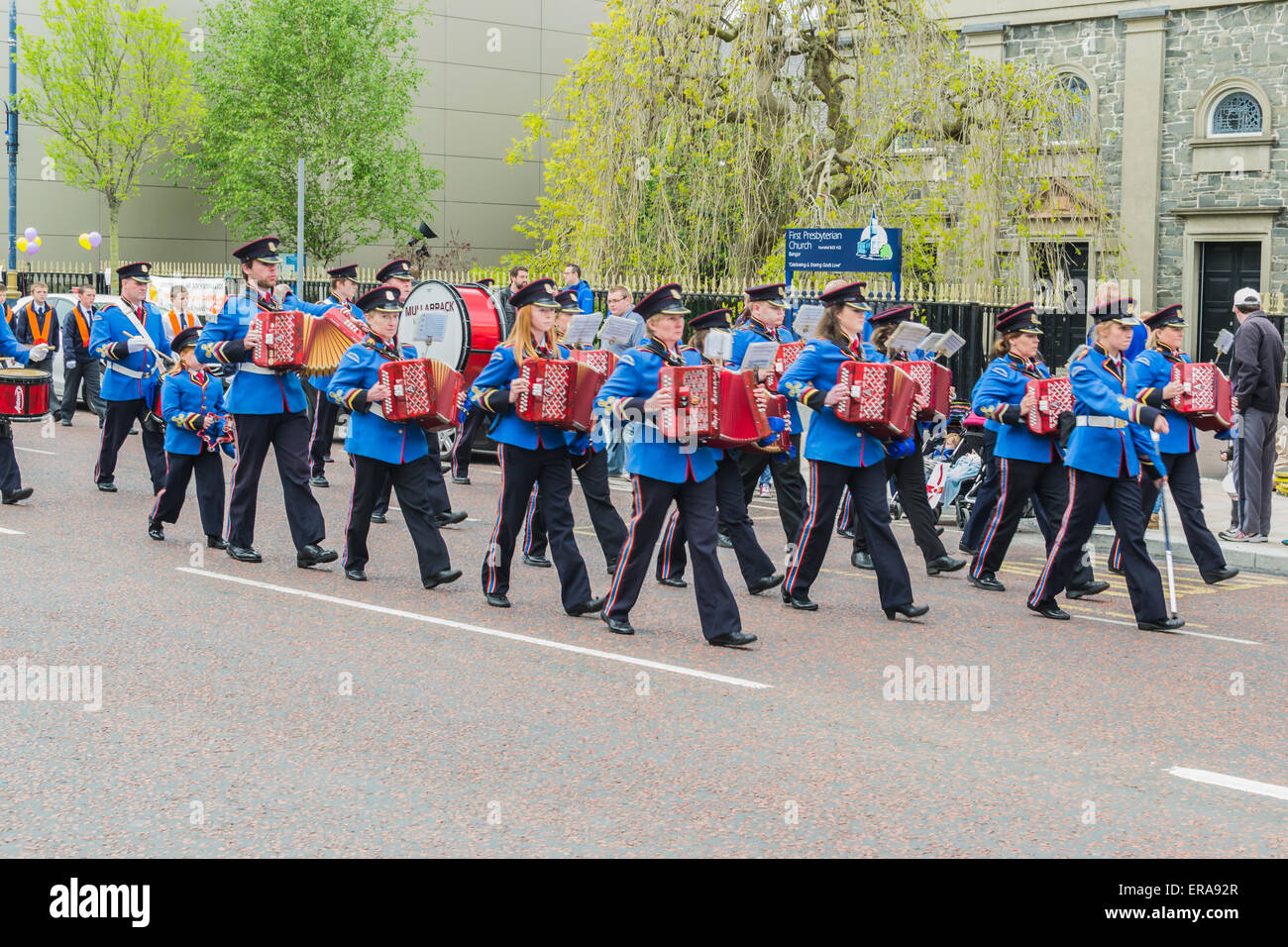 Bangor, County Down, Nordirland, Vereinigtes Königreich 30. Mai 2015 * Junior Orange Marching Bands und spielen Musik Querflöte, Drum & Akkordeon Bands traditionelle marschieren Credit: Jeffrey Silber/Alamy Live News Stockfoto