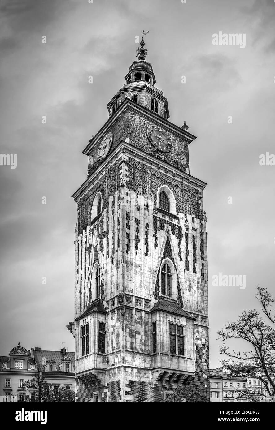 B&W antike Rathaus in Krakau (Krakow), Polen Stockfoto