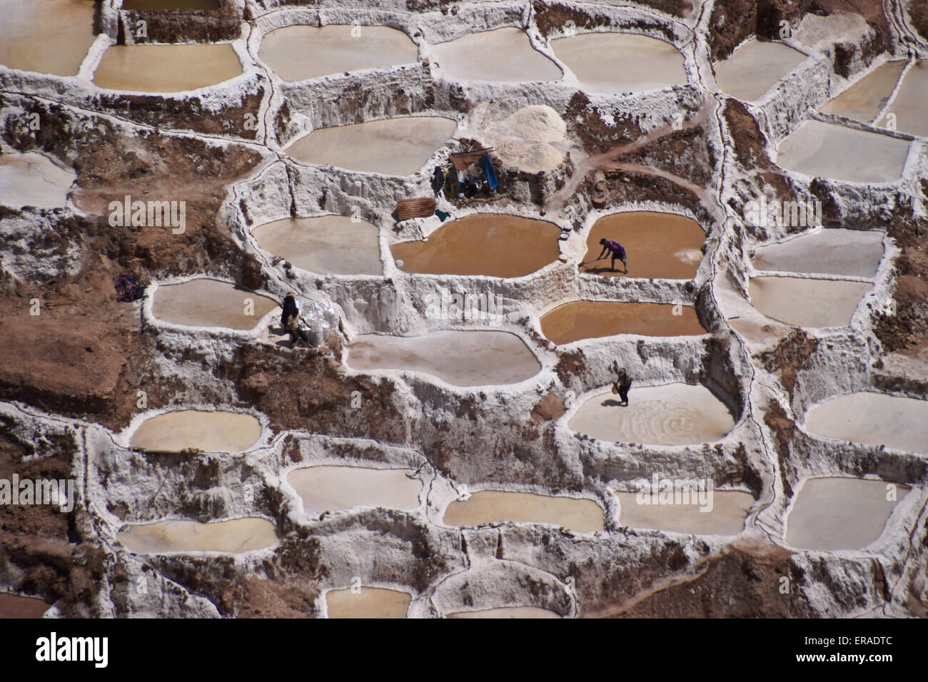 Menschen, die Arbeiten der Salinen in der Nähe von Maras, Urubamba-Tal, Peru Stockfoto