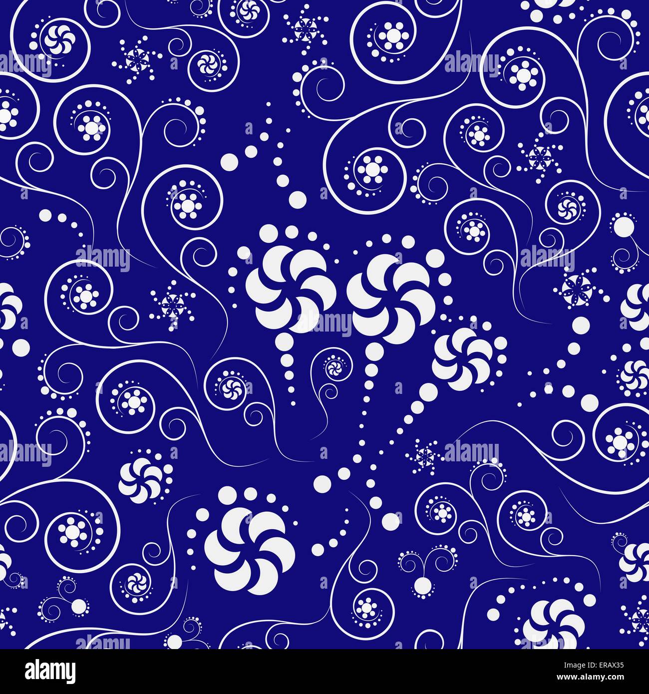 Weißen abstrakten nahtlose Muster von Blumen und Spiralen auf blauem Hintergrund Stock Vektor