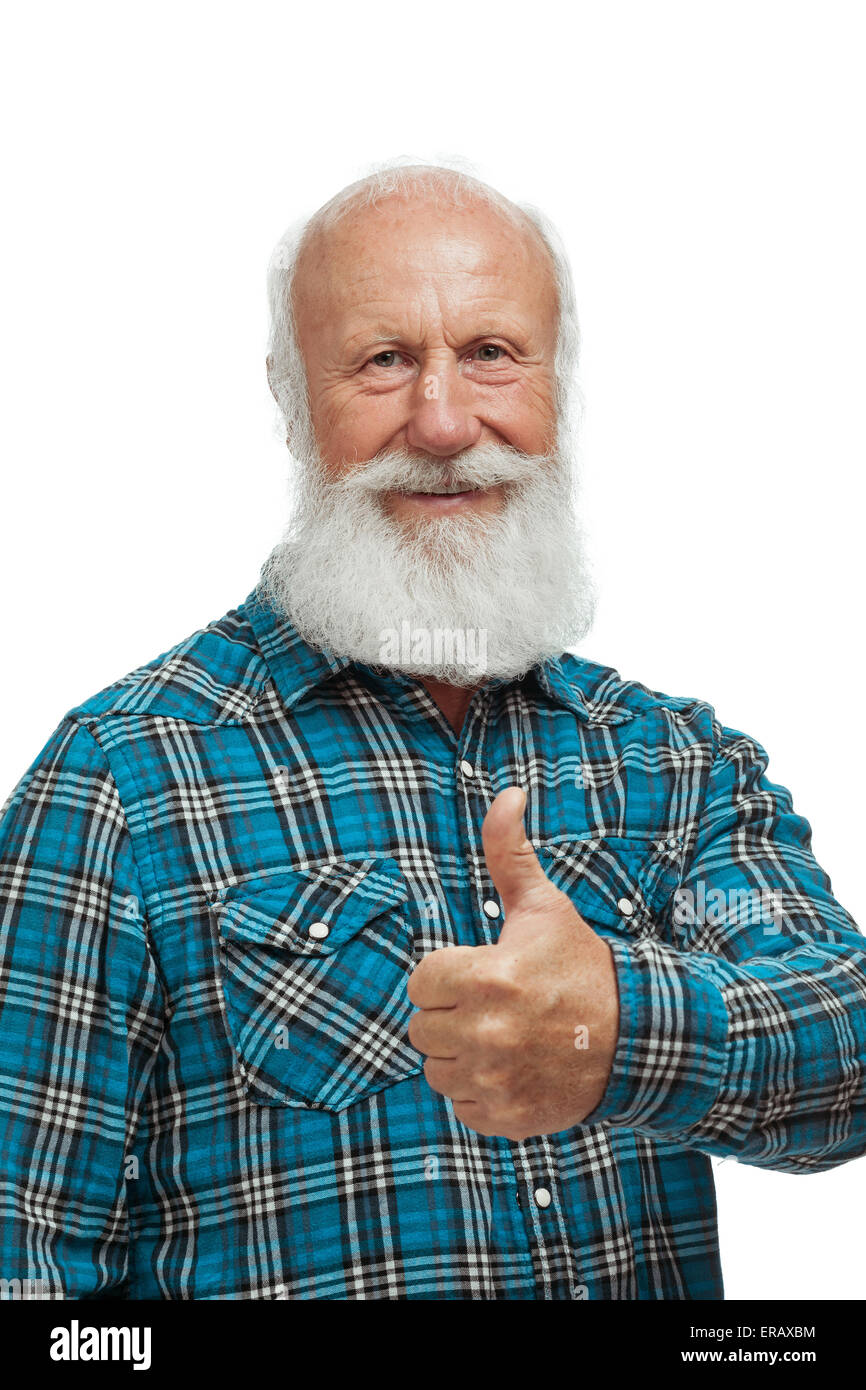 Alter Mann mit langem Bart auf einem weißen Hintergrund Stockfoto