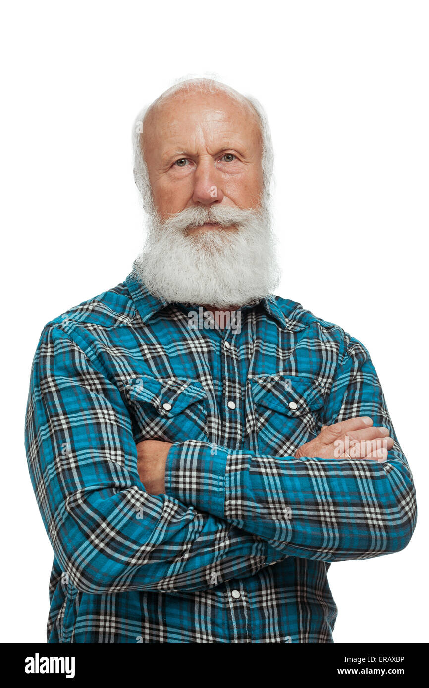 Alter Mann mit langem Bart auf einem weißen Hintergrund Stockfoto