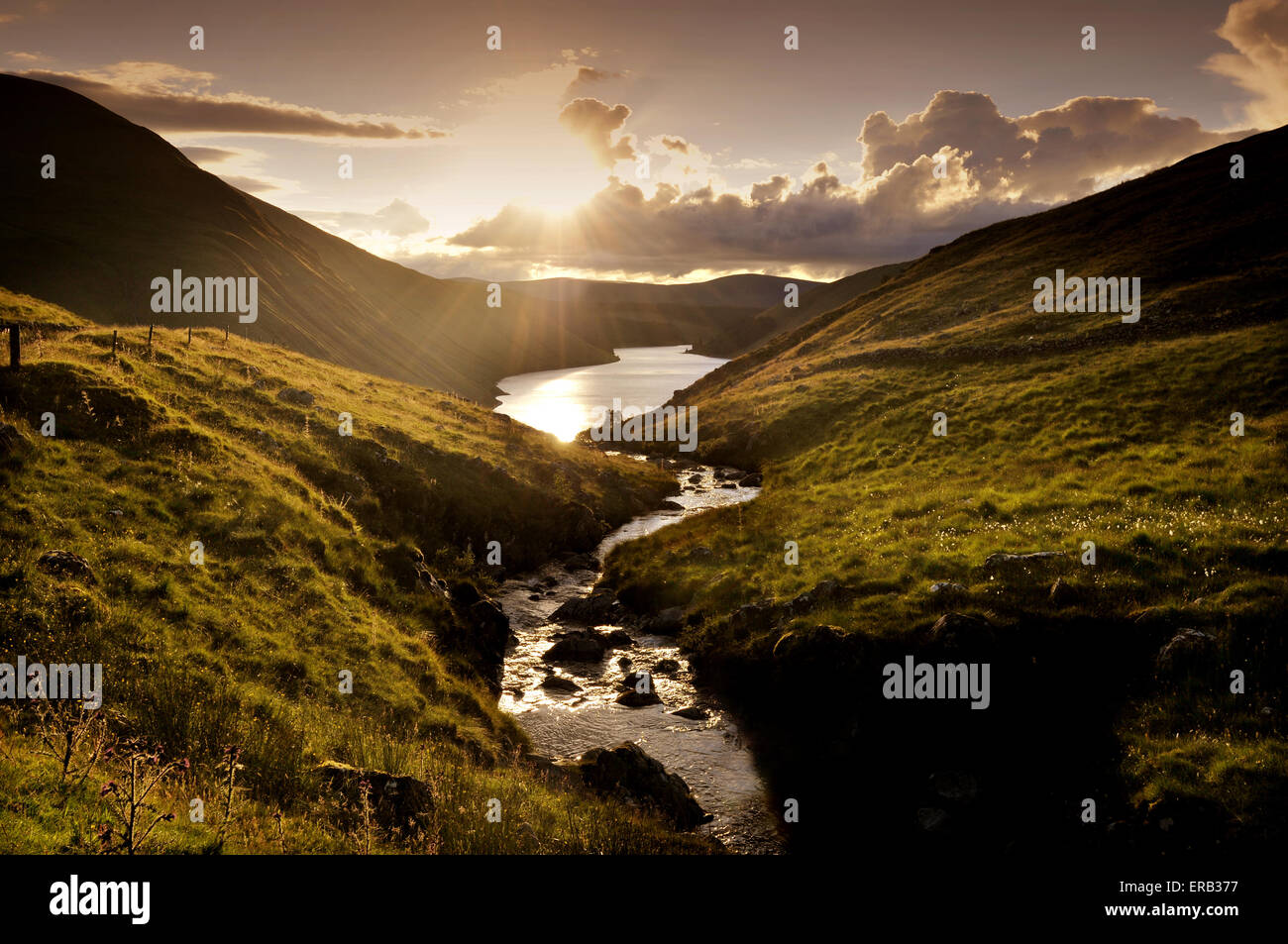 Sonnenuntergang am Stausee Talla, Talla, Tweedsmuir, Scottish Borders, Schottland Stockfoto