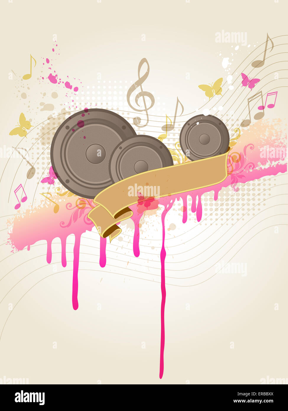 Retro-Hintergrundmusik mit Lautsprechern und tropft von Farbe Stockfoto