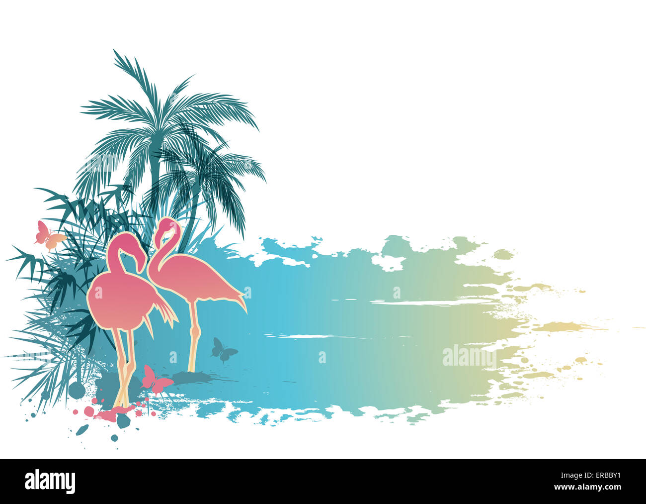 Sommer Hintergrund mit Palmen und rosa flamingo Stockfoto