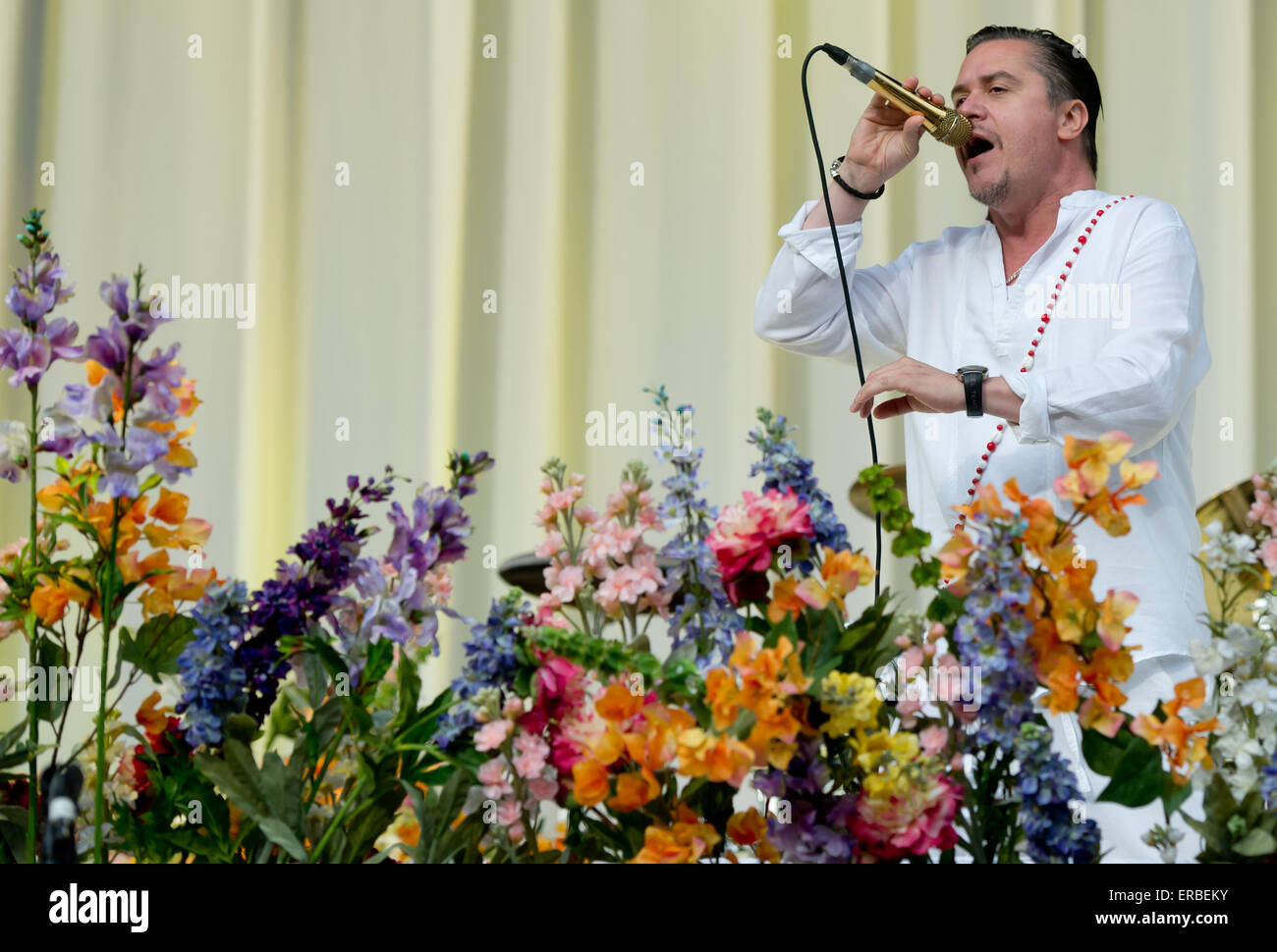 München, Deutschland. 31. Mai 2015. Sänger Mike Patton der US-Band Faith No More führt auf der Bühne beim Festival "Rockavaria" in München, 31. Mai 2015. Foto: Sven Hoppe/Dpa/Alamy Live News Stockfoto