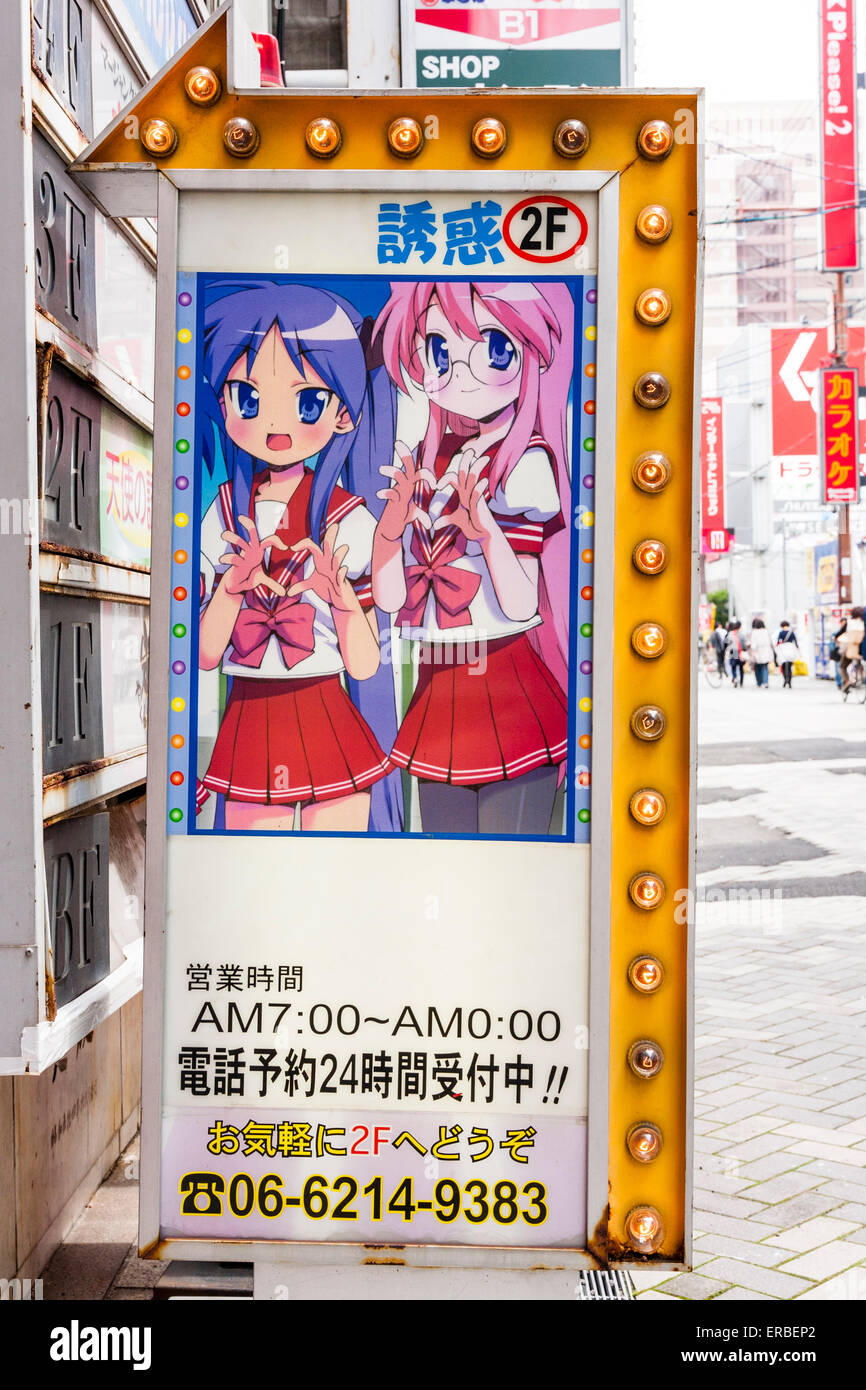 Sex Club Schild draußen auf Bürgersteig mit Lichtern schäumen einen Pfeil auf den Club und eine Karikatur mit typischen Anime japanischen Schülerinnen zeigen