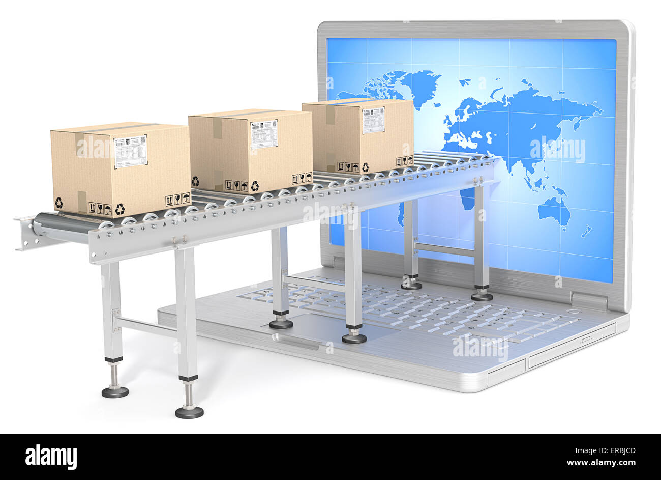 Industrielle Förderband mit Karton Boxen an Laptop-Bildschirm angeschlossen. Weltkarte. Gegenlicht. Stockfoto