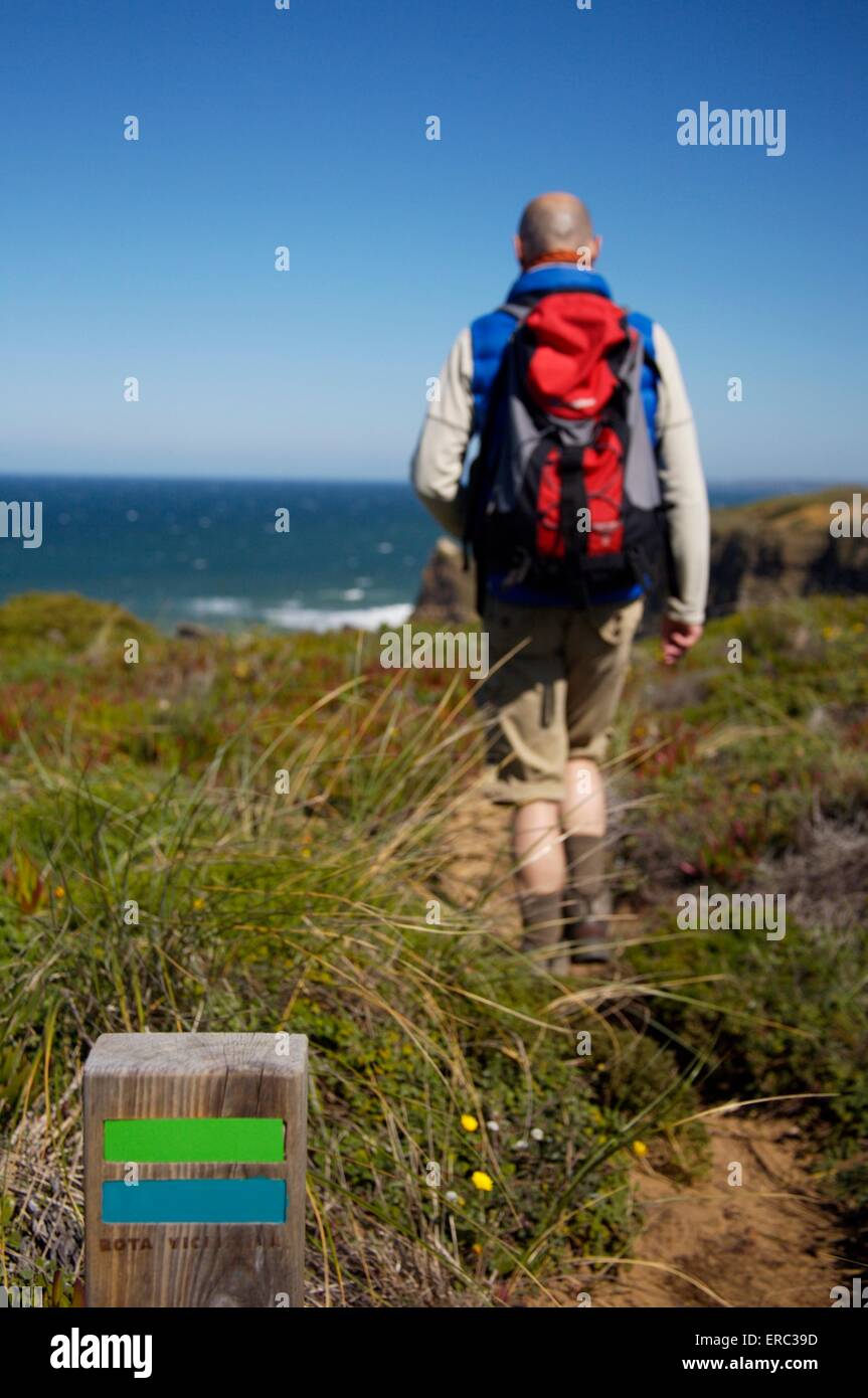 Wegpunkt für Rota Vicentina Küstenweg in Alentejo, Portugal Stockfoto