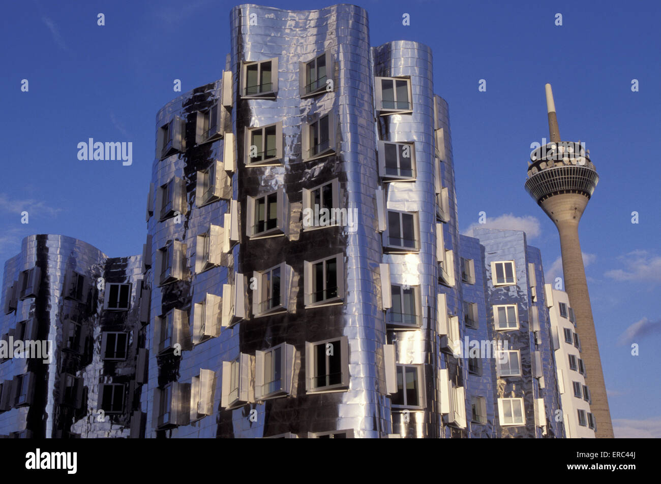 DEU, Deutschland, Düsseldorf, neuer Zollhof im Medienhafen, Architekt Frank O.Gehry, der Fernsehturm.  DEU, Deutschlan Stockfoto