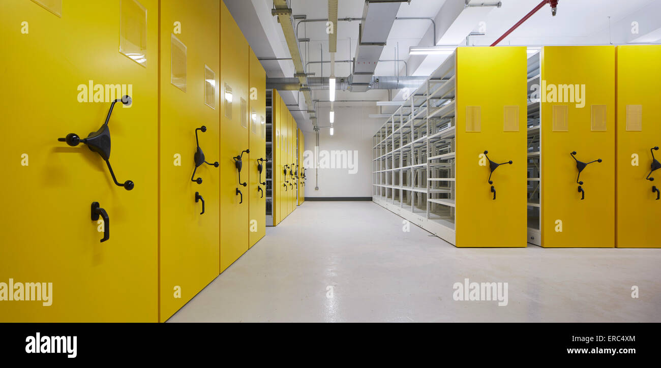 Panorama von Archiv und Datensatz-Repository in gelb. Herefordshire Archive, Hereford, Großbritannien. Architekt: Architype Limi Stockfoto