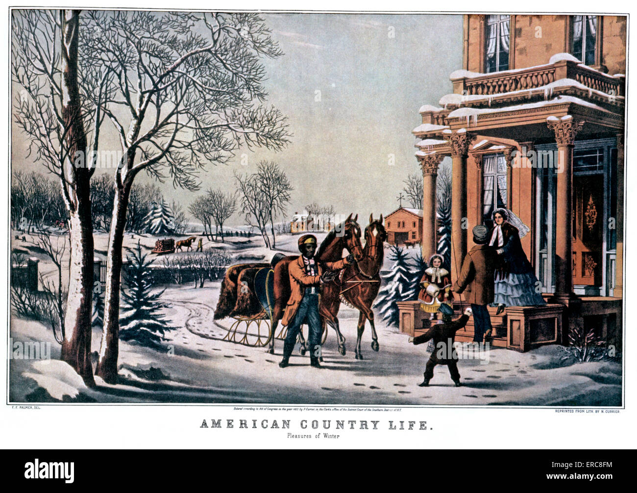 1850ER JAHREN US-AMERIKANISCHER COUNTRY LIFE - WINTERFREUDEN - CURRIER & IVES LITHOGRAPHIE - 1855 Stockfoto