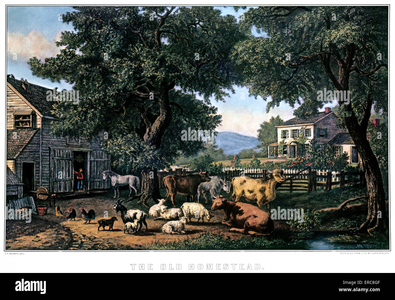 1870ER JAHREN DAS ALTE GEHÖFT - GEMÄLDE VON F F PALMER - CURRIER & IVES LITHOGRAPHIE - 1876 Stockfoto