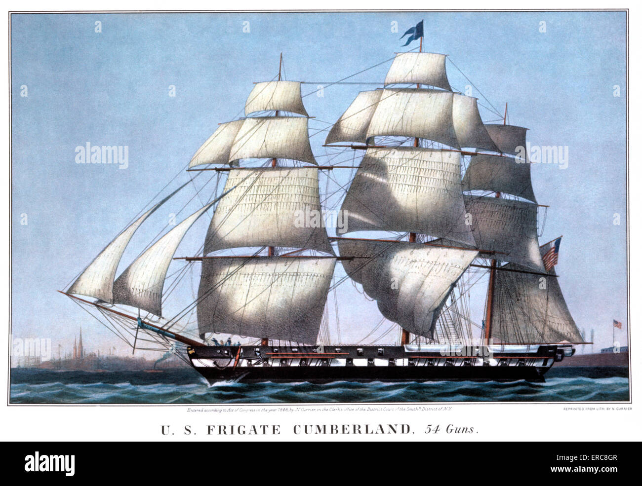 1840ER JAHRE FREGATTE USS CUMBERLAND, 54 KANONEN - FLAGGSCHIFF GOLF GESCHWADERS COMMODORE PERRY - CURRIER & IVES LITHOGRAPHIE - 1848 Stockfoto