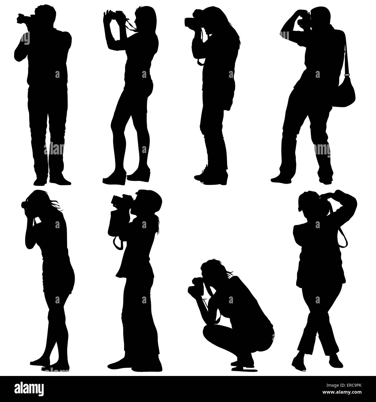 Kameramann mit Videokamera. Silhouetten auf weißem Hintergrund. Stockfoto