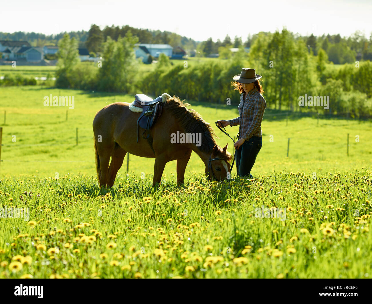 Cowgirl und Pony zusammen, sonnigen schönen Sommertag Stockfoto