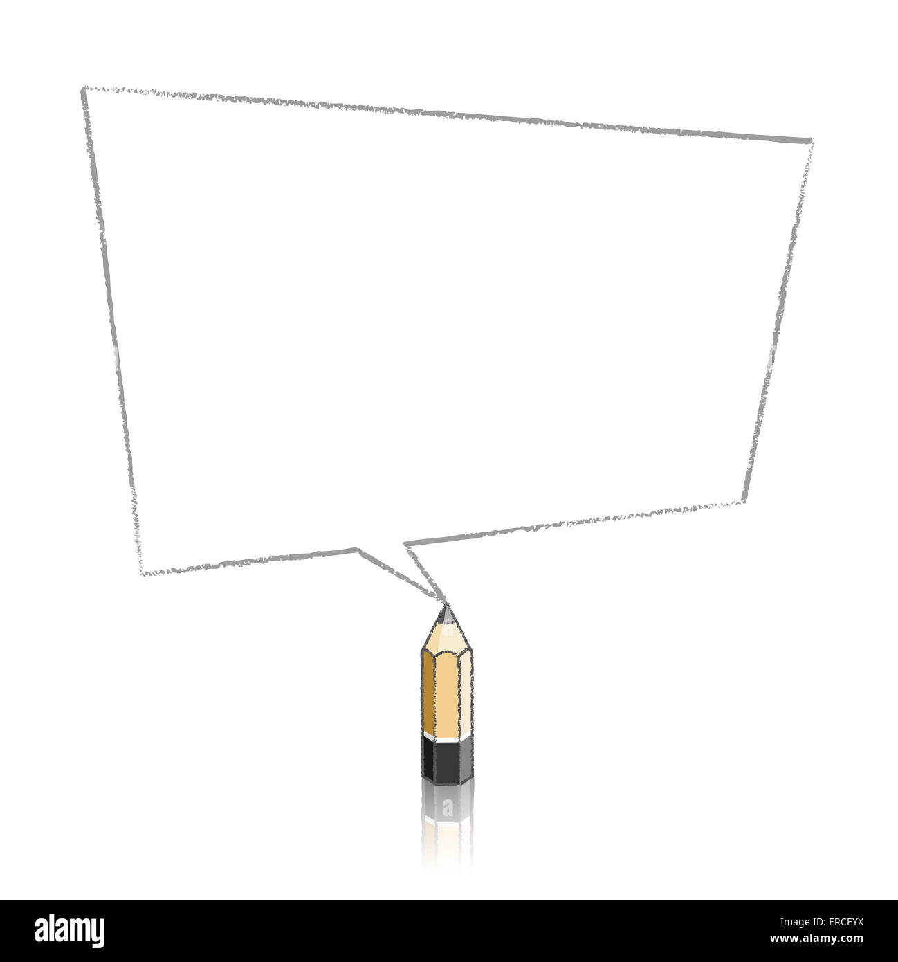 Woode Bleistift mit Reflexion Zeichnung verzerrt rechteckig geformte Sprechblase auf weißem Hintergrund Stockfoto