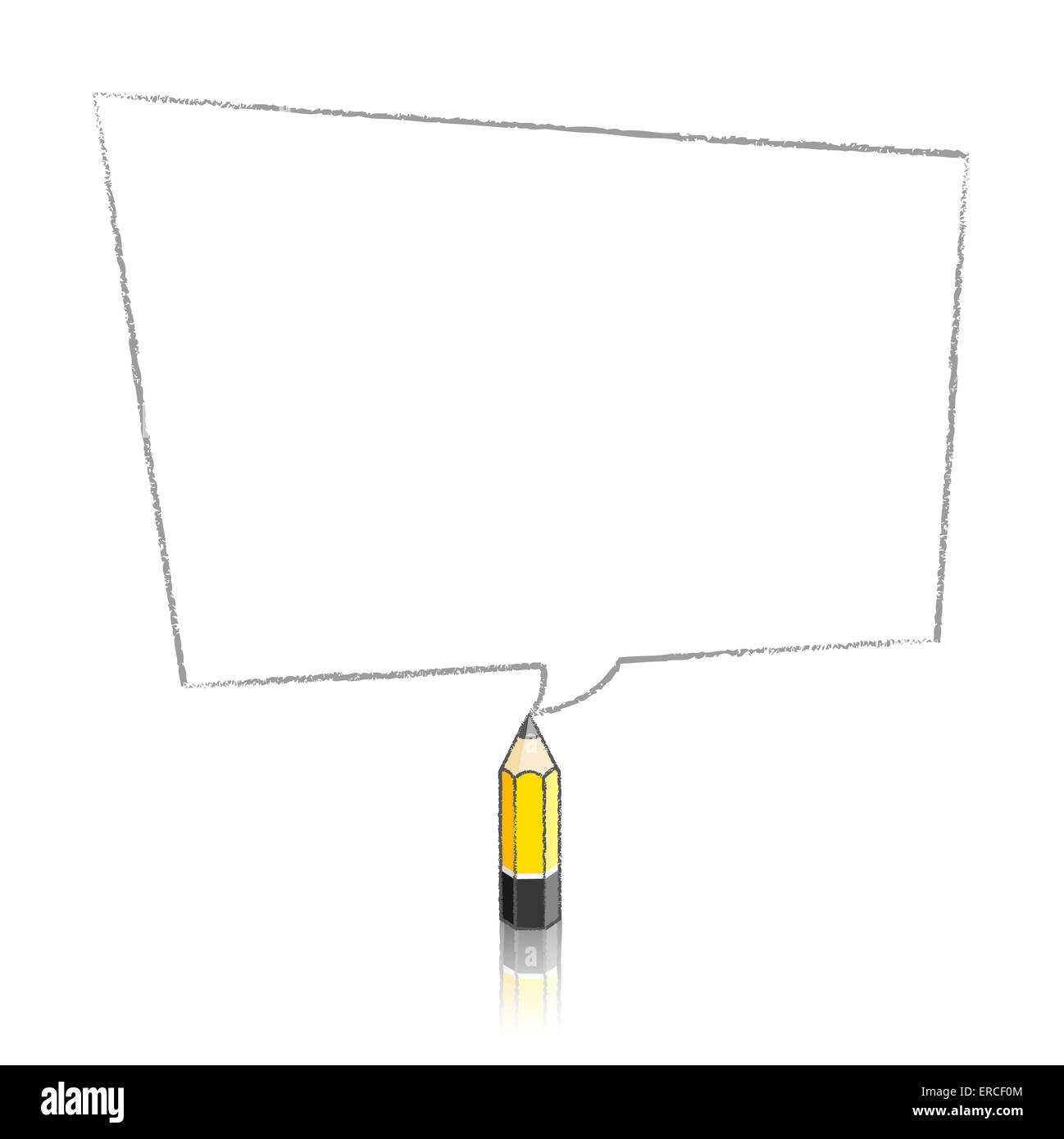 Führen Sie gelbe Bleistift mit Reflexion Zeichnung verzerrt rechteckig geformte Sprechblase auf weißem Hintergrund Stockfoto