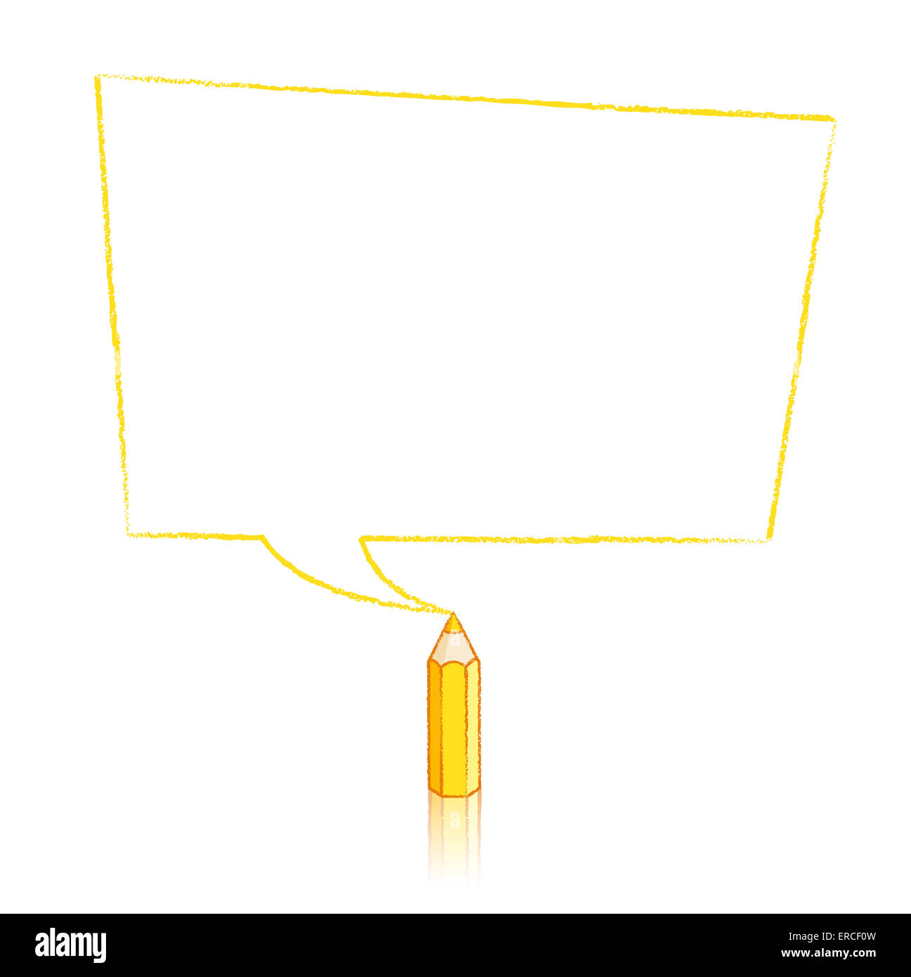 Gelbe Bleistift mit Reflexion Zeichnung verzerrt rechteckig geformte Sprechblase auf weißem Hintergrund Stockfoto