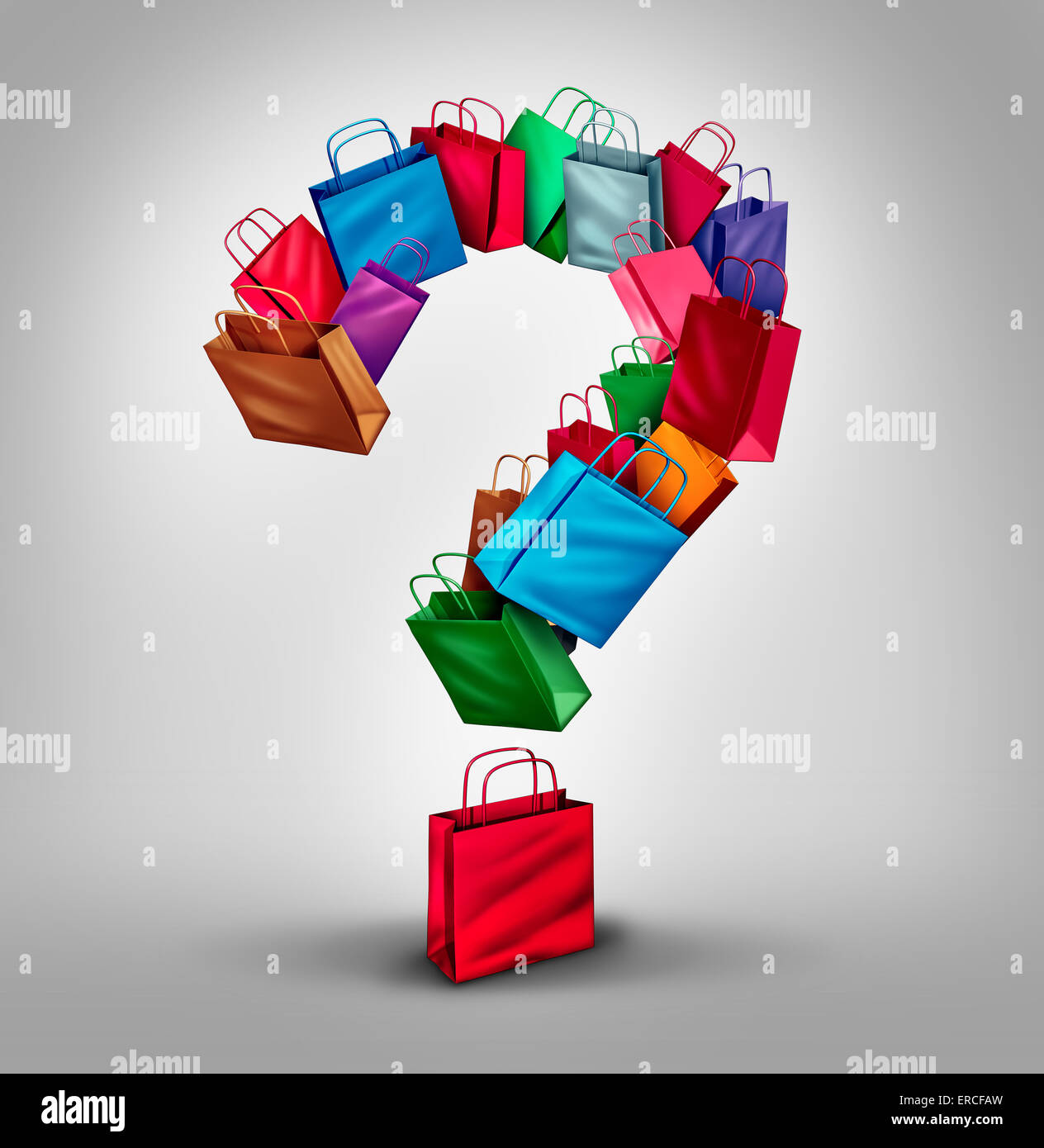 Einkaufen Fragen Konzept als eine Gruppe von Retail store Taschen geformt wie eine drei dimensionale Fragezeichen als Symbol und Ikone für Stockfoto