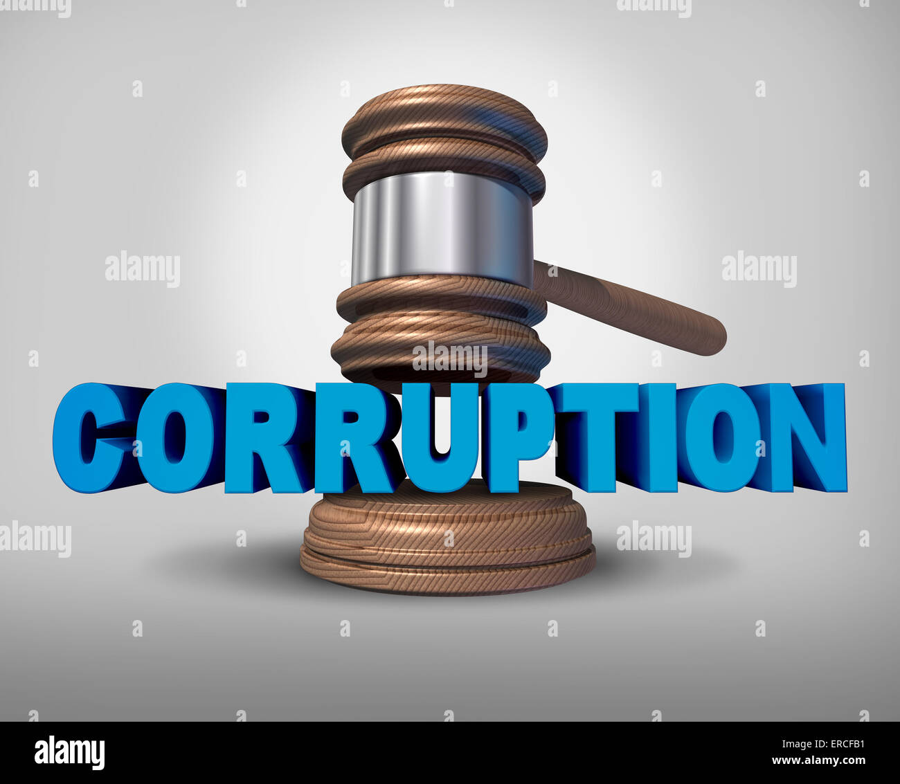 Korruption-Konzept als Richter beurteilen, Hammer und Schlägel herab auf die Worte, die die Straftat von Bestechung und Betrug als juristische Metapher für unehrlich unmoralisches Verhalten darstellen. Stockfoto