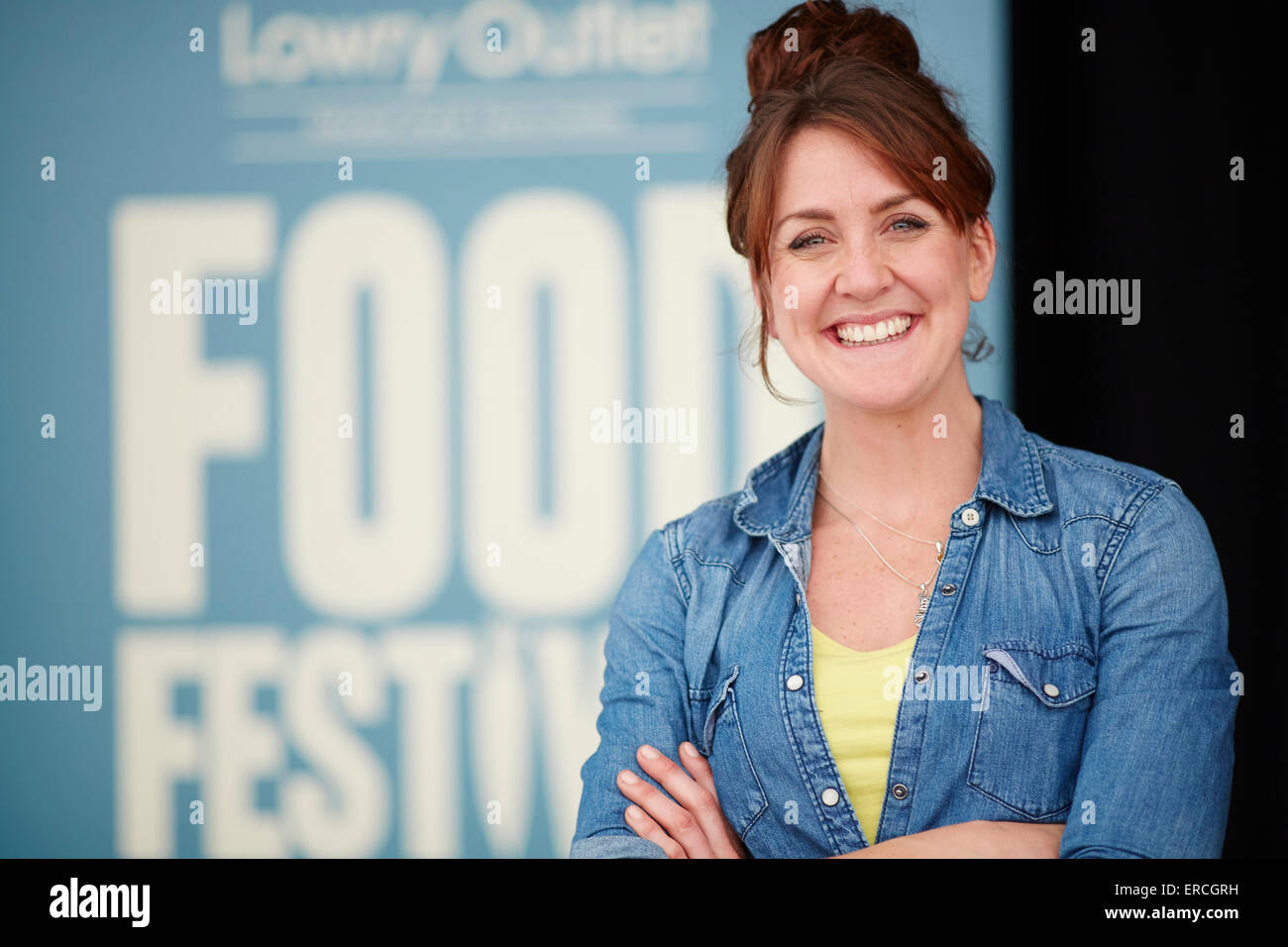 Salford Kais für das Lowry Outlet Food Festival 2015.  CBeebies Katy Ashworth auf der Bühne Promi berühmt berühmte Persönlichkeit des öffentlichen Lebens Stockfoto