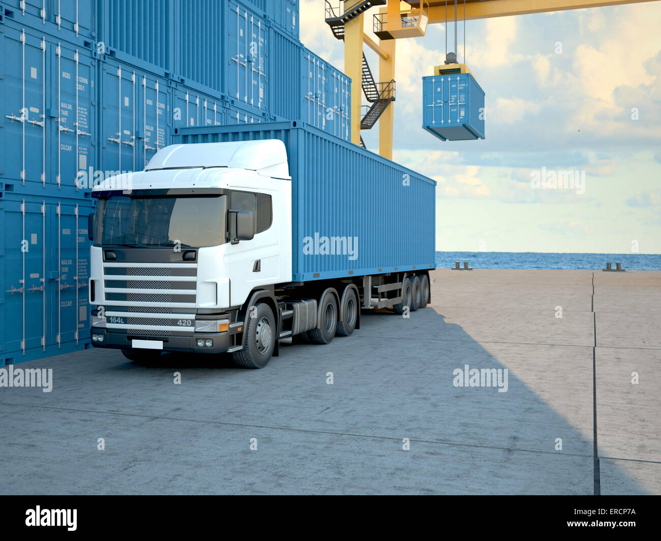 LKW mit Containern. 3D-Rendering Stockfoto