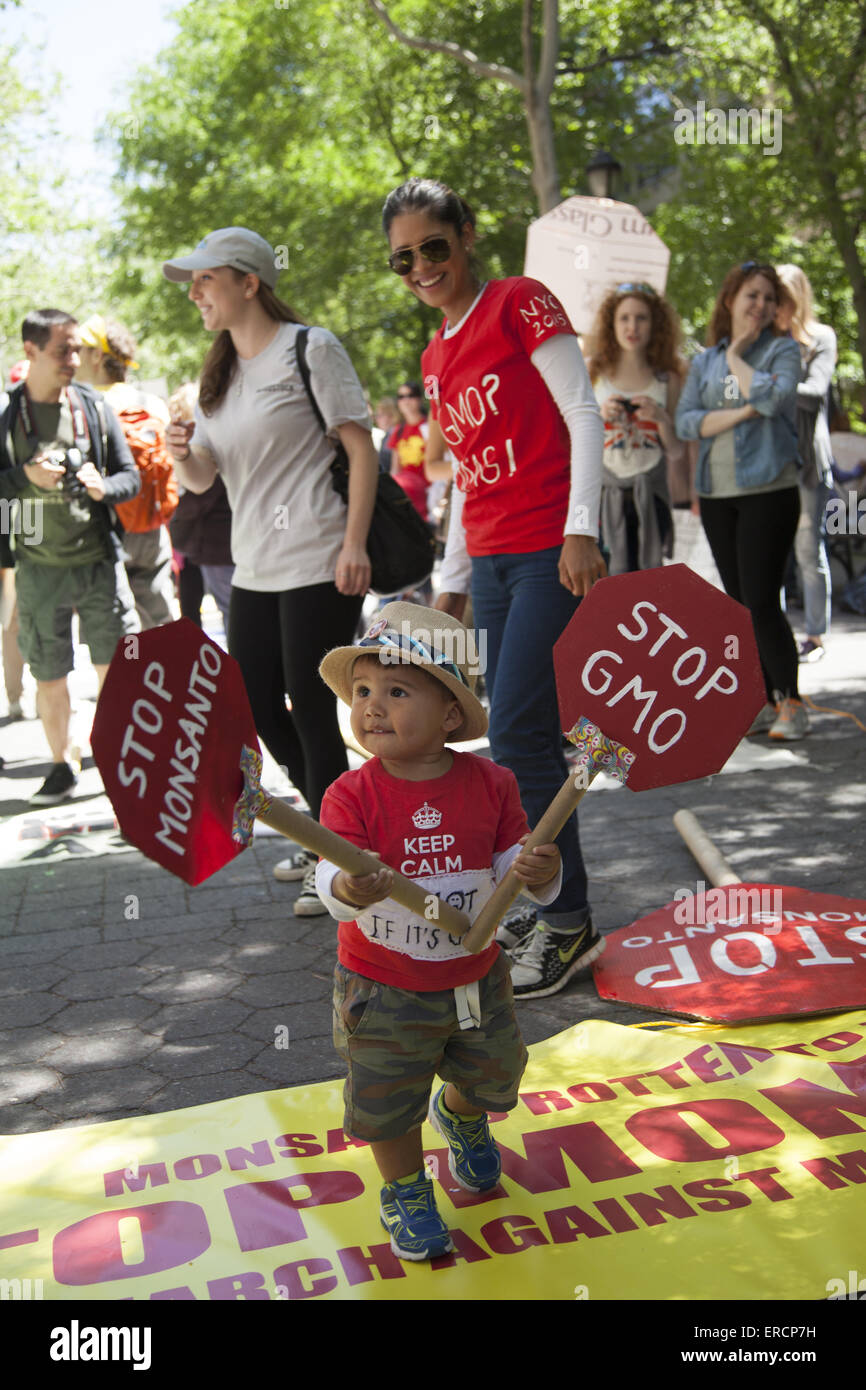 Protestmarsch gegen Monsanto, gentechnisch veränderte Lebensmittel und die Firma Angriff auf ein "Verbraucher, Recht zu wissen." Stockfoto