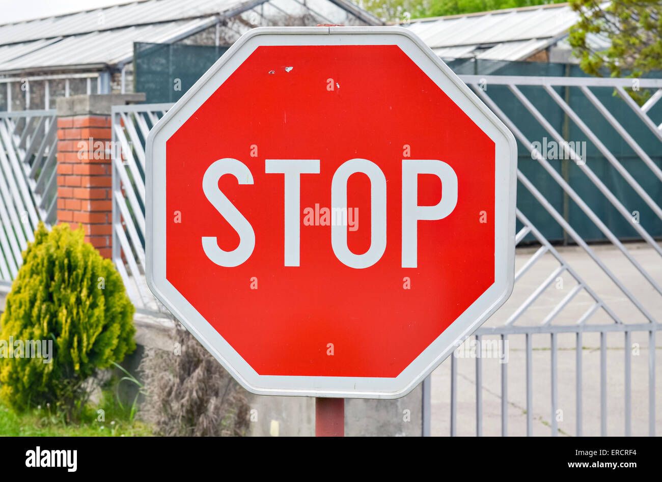 Nahaufnahme von Verkehr Stopp-Schild an der Straße in der Nähe einer Kreuzung Stockfoto