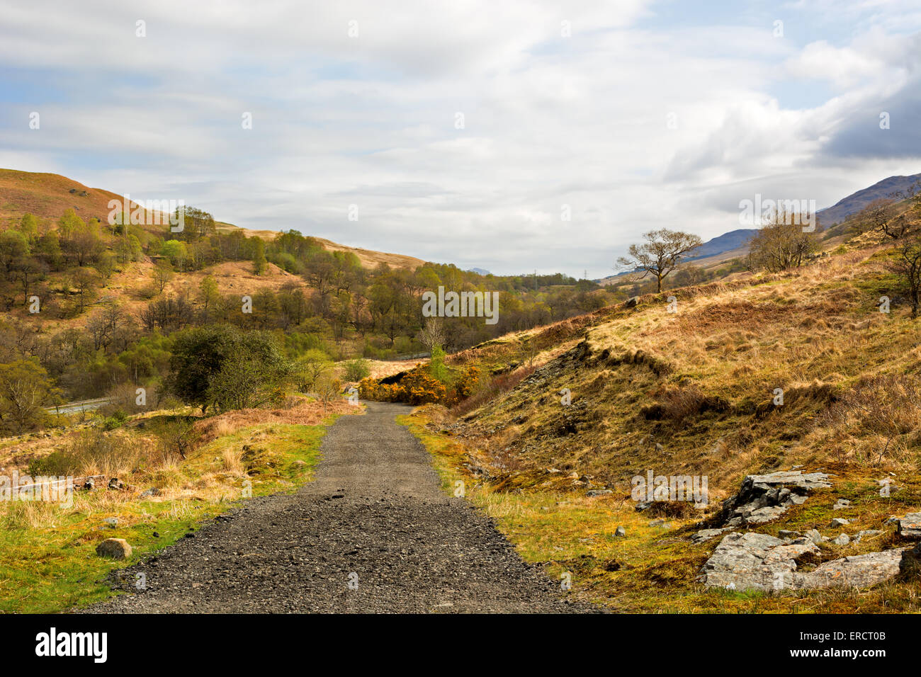 Ländliche Kiesweg in den schottischen Highlands, West Highland Way. Schönen bewölkten Himmel Stockfoto