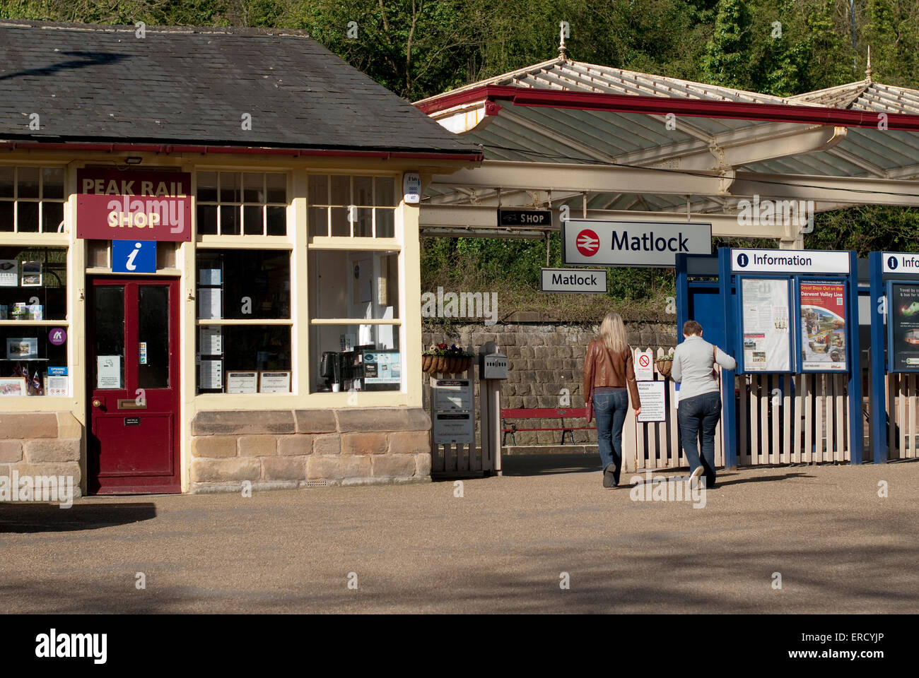 Dokumentarische Bilder von Matlock in Derbyshire zeigt zwei Frauen, die zu Fuß in Richtung der Plattform Matlock Peak Bahn Bahnhof Stockfoto