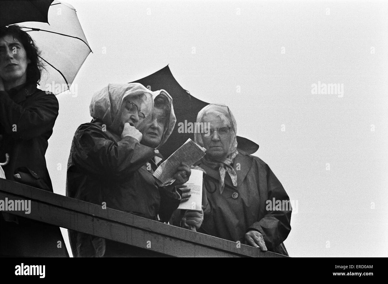 Szenen in Glorious Goodwood. Zuschauer trotzen den Regen. 26. Juli 1966. Stockfoto