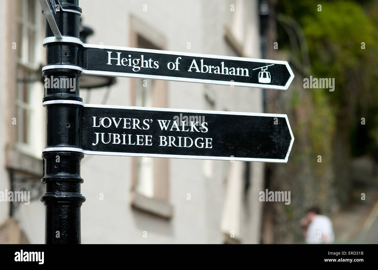 Dokumentarische Bilder von Matlock Bath in Derbyshire zeigen Wegweiser für die Heights of Abraham und Liebhaber gehen Tourist spots Stockfoto