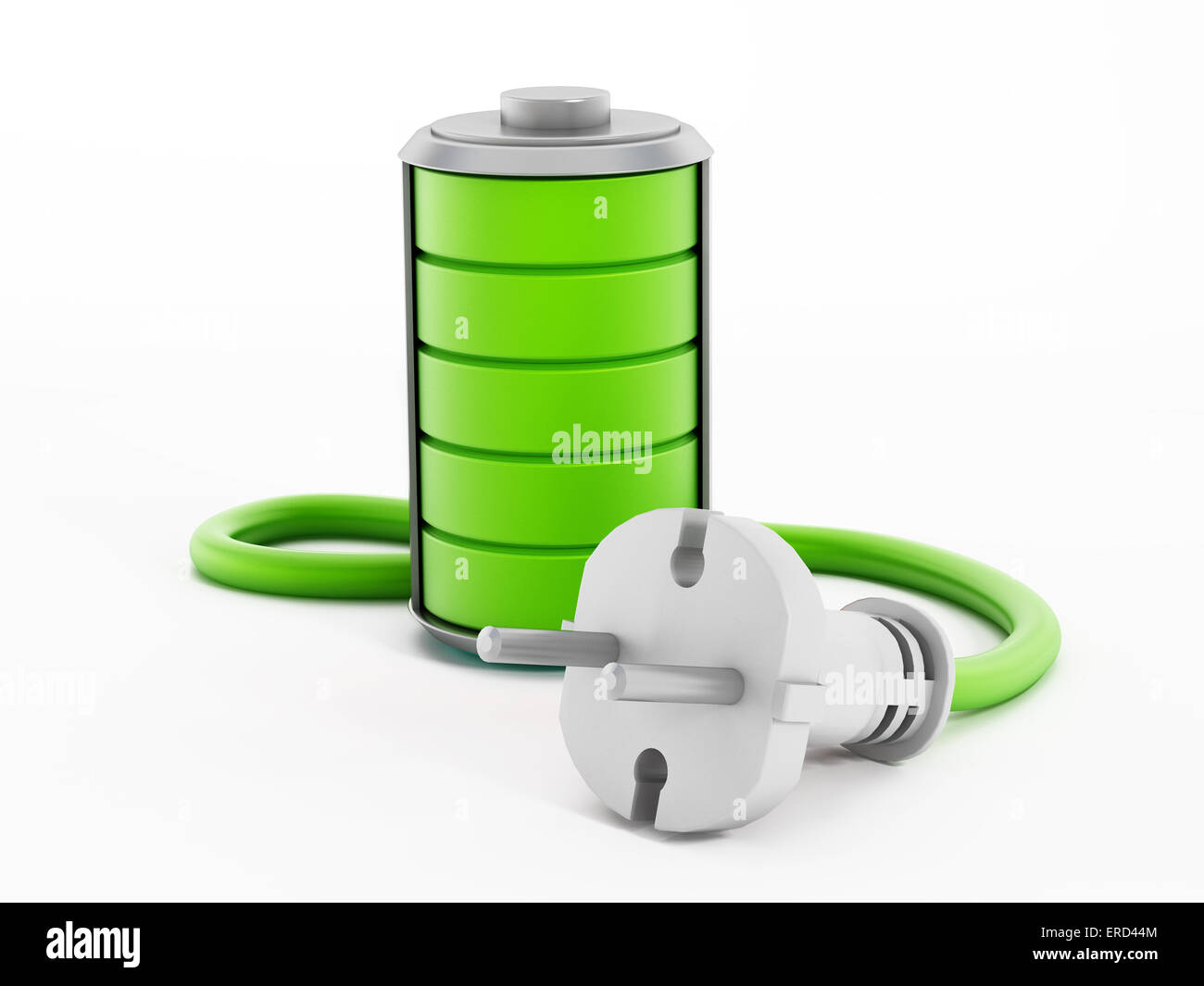 Volle Batterie mit grünen Kabel und Stecker. Stockfoto