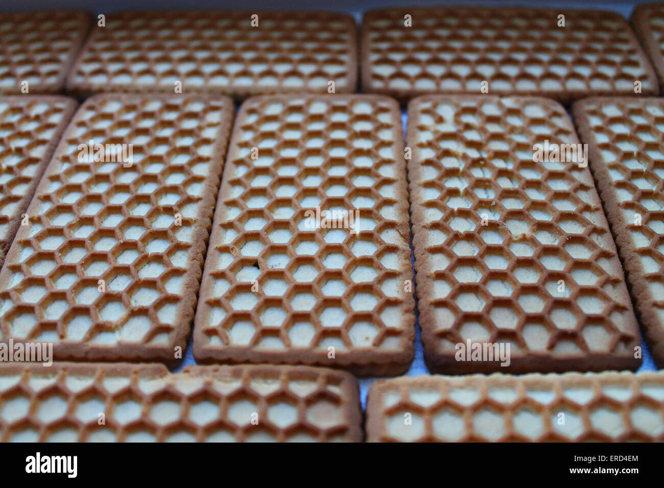 schmackhafte vegetarische Kruste Cookies mit Waben-Muster drauf Stockfoto