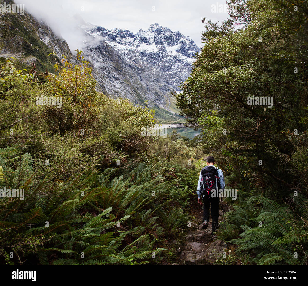 Eine weibliche Walker nähert sich Marian See in den Bergen Darran Fjordland in Südinsel Neuseeland Stockfoto