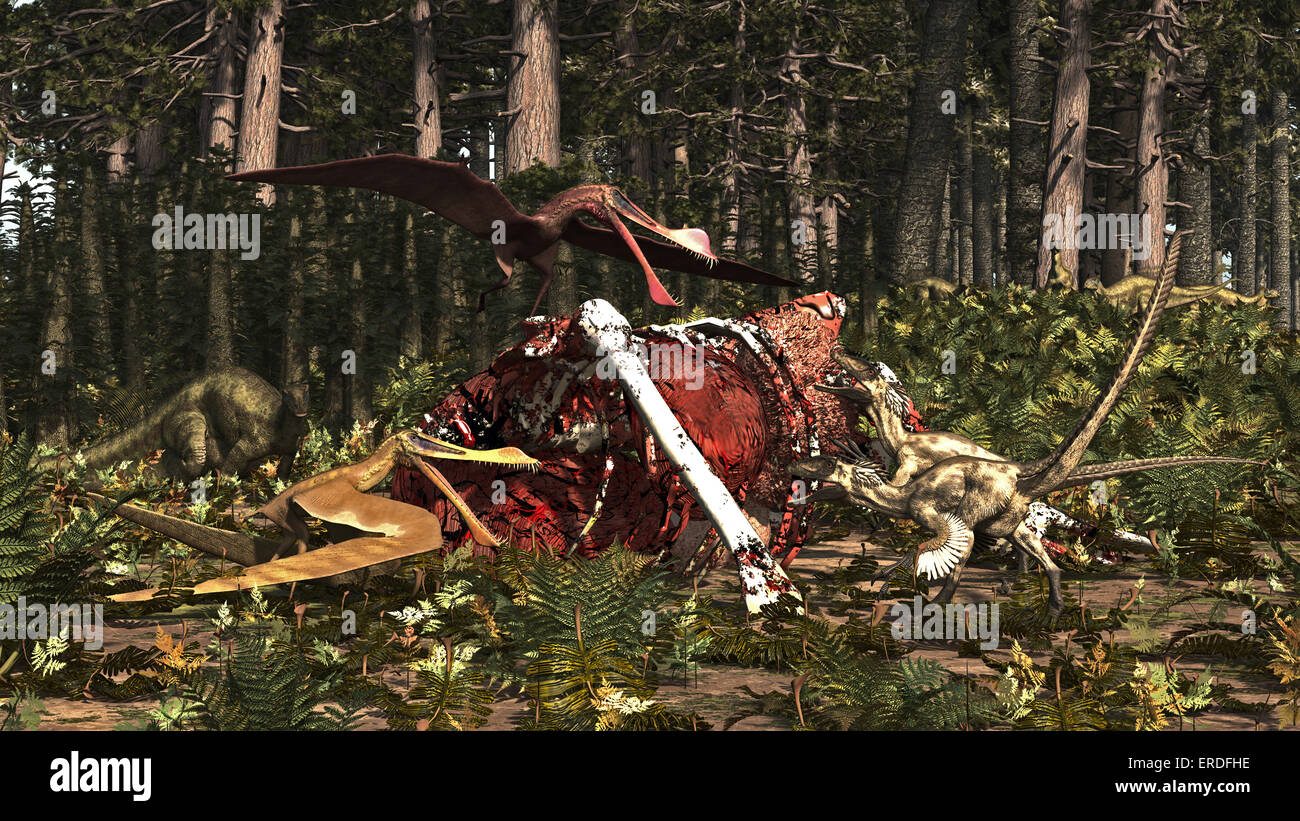 Deinonychus & Coloborhynchus Vögel ernähren sich von einem Dinosaurier-Karkasse. Deinonychus war ein Dromaeosaur (Raptor) aus der frühen Kreidezeit. Stockfoto