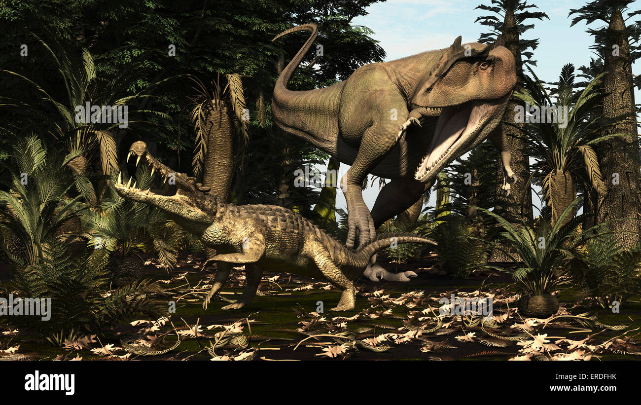 Eine große Carcharodontosaurus greift ein Kaprosuchus. Carcharodontosaurus ist eine riesige Raubtier von Nordafrika aus der Mitte Creatceo Stockfoto