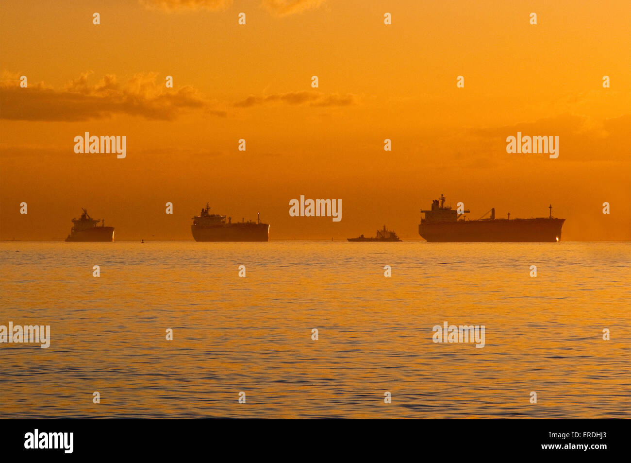 Schiffe vor Anker im Golf von Mexiko warten, bei Sonnenaufgang, vor dem Eintritt in Galveston Bay auf ihrem Weg zum Hafen von Houston, Texas, USA Stockfoto