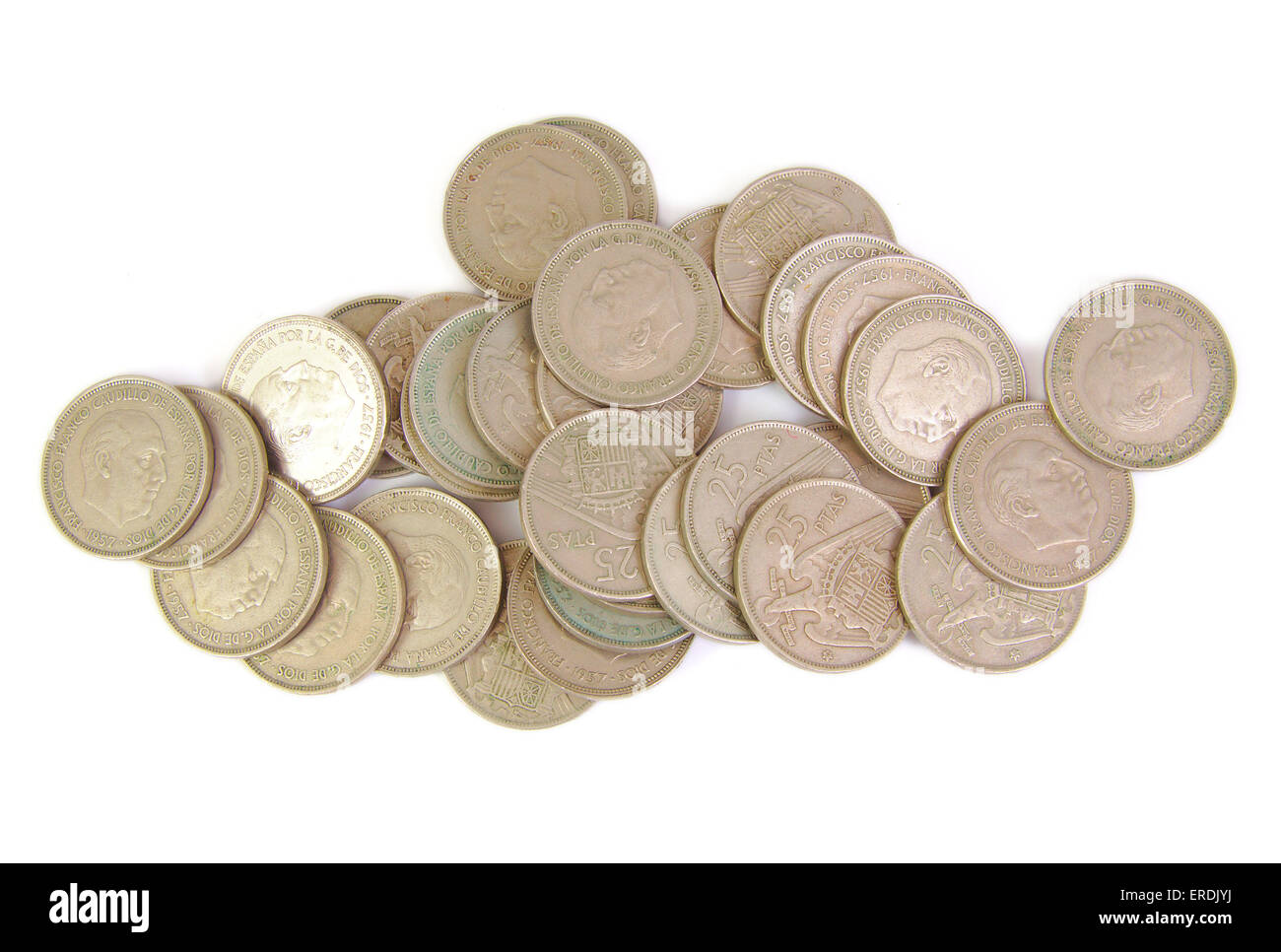 Spanisch-25 Peseten Silbermünzen mit den Worten "Francisco Franco Caudillo De España Por La G.De Dios" auf weißem Hintergrund Stockfoto