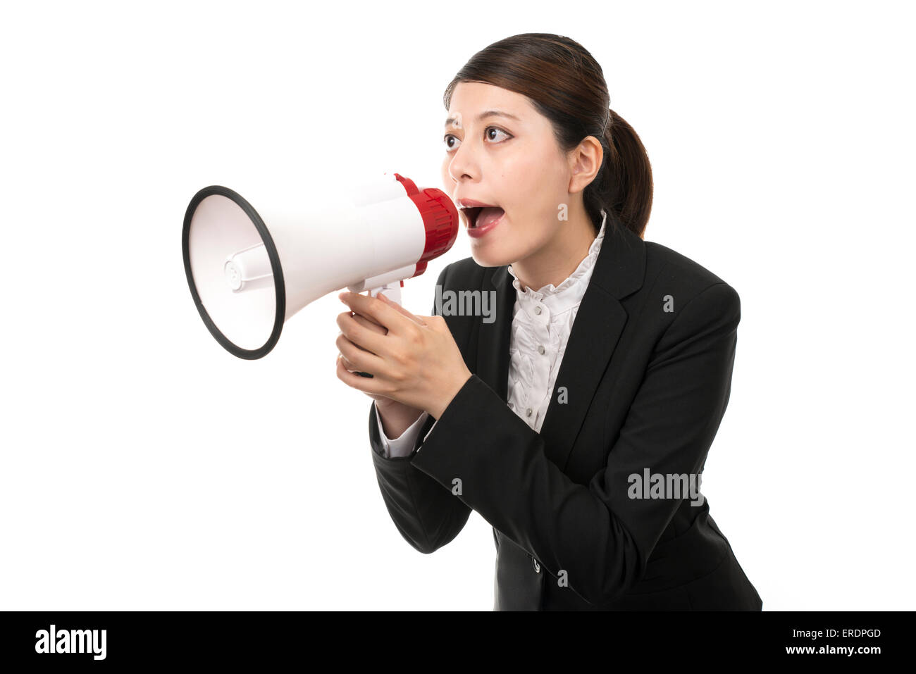 Geschäftsfrau mit einem Megaphon sprechen Stockfoto