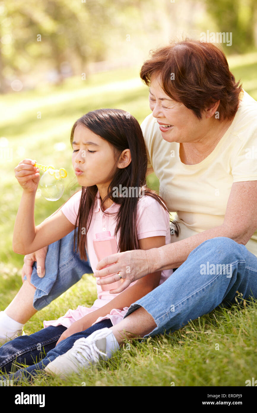 Asiatische Großmutter und Enkelin bläst Seifenblasen im park Stockfoto