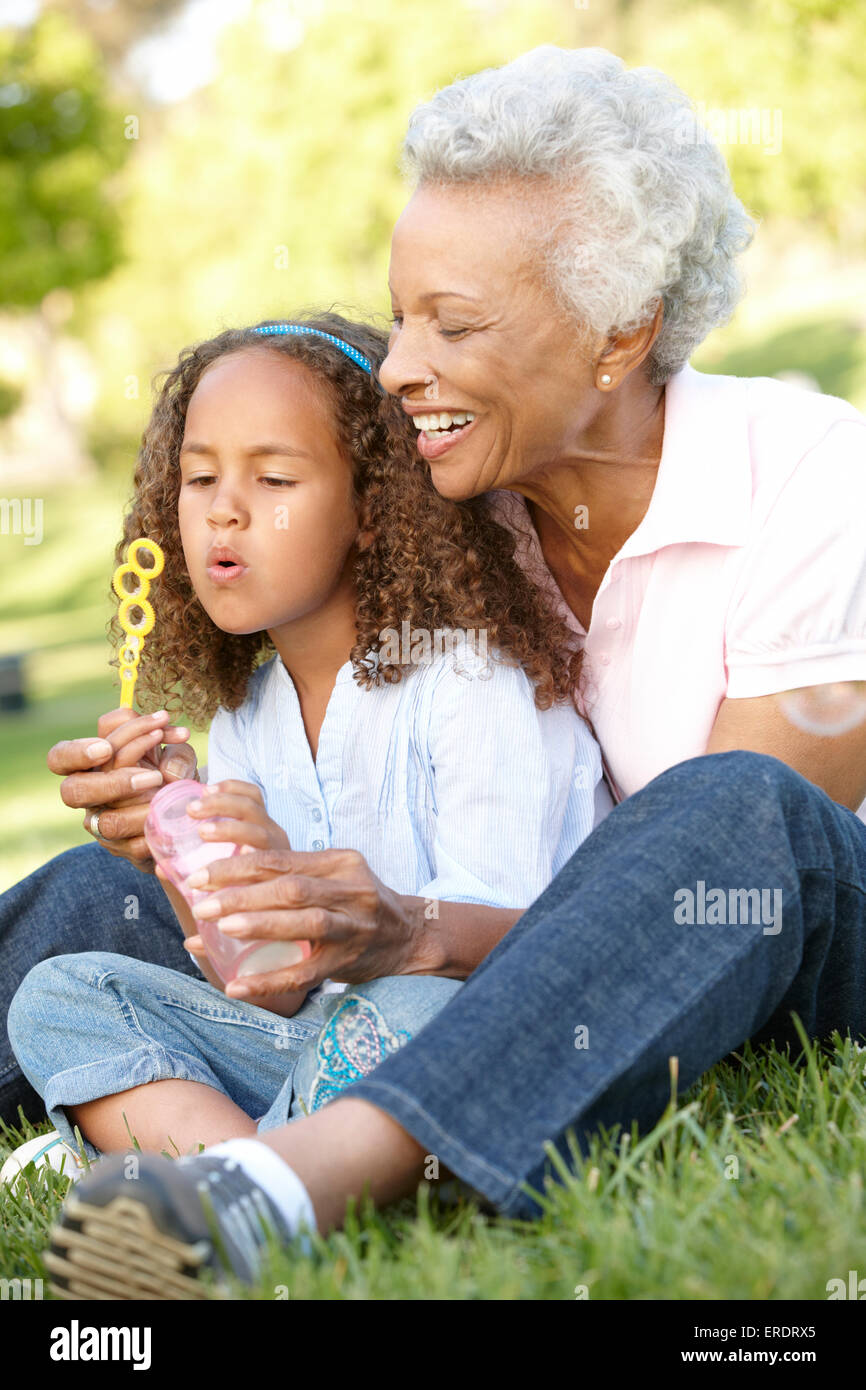 African American Großmutter und Enkelin bläst Seifenblasen im Park Stockfoto